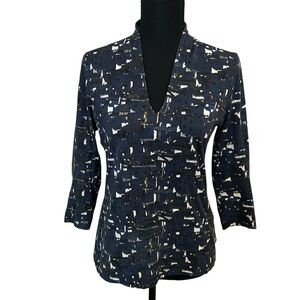 Akris Blouse 3/4 Sleeve City Graphic V-Neck Designer Cotton Size 8 Medium